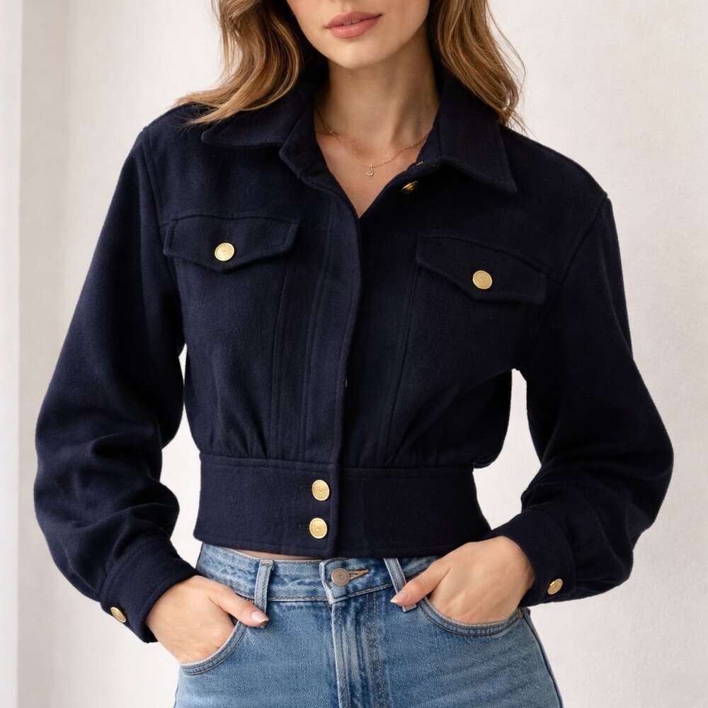 Vintage Crisca Navy Blue Wool Cropped Gold Button Jacket S/M